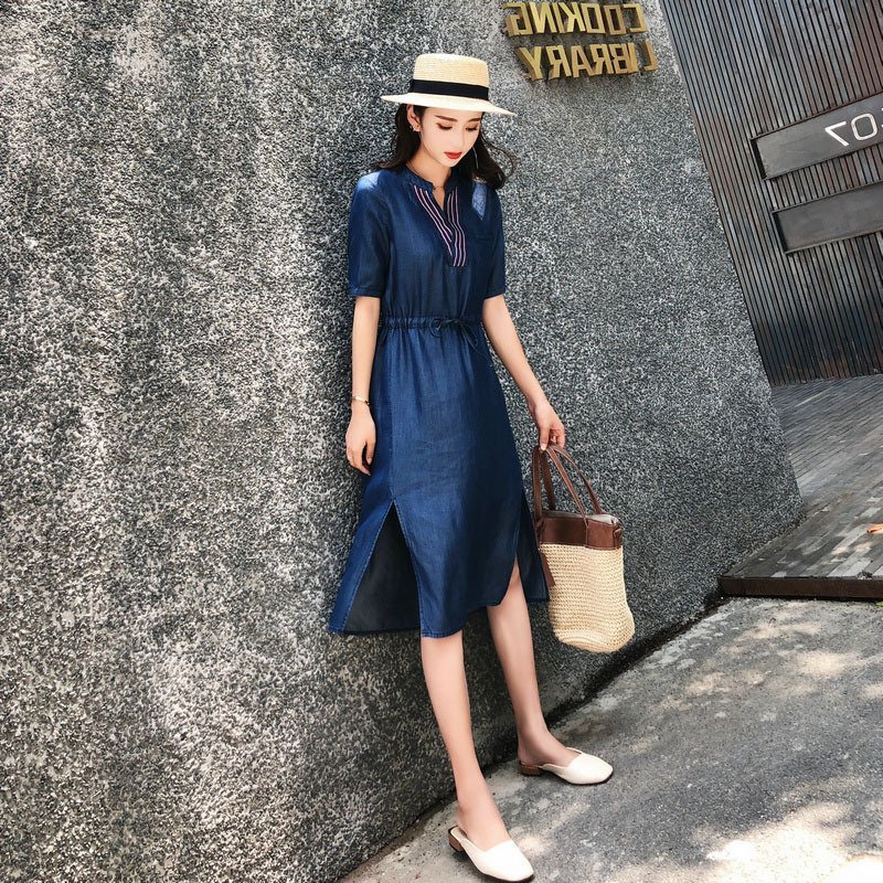 ĐẦM JEAN DENIM XÒE CỔ TRỤ PHỐI VIỀN